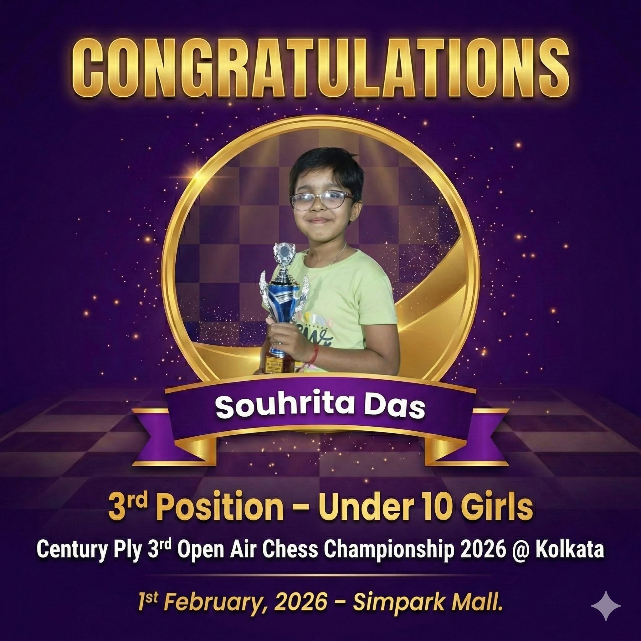 Souhrita Das, Envision Chess Academy student, 3rd Position - Under 10 Girls at Century Ply 3rd Open Air Chess Championship 2026 in Kolkata, Simpark Mall