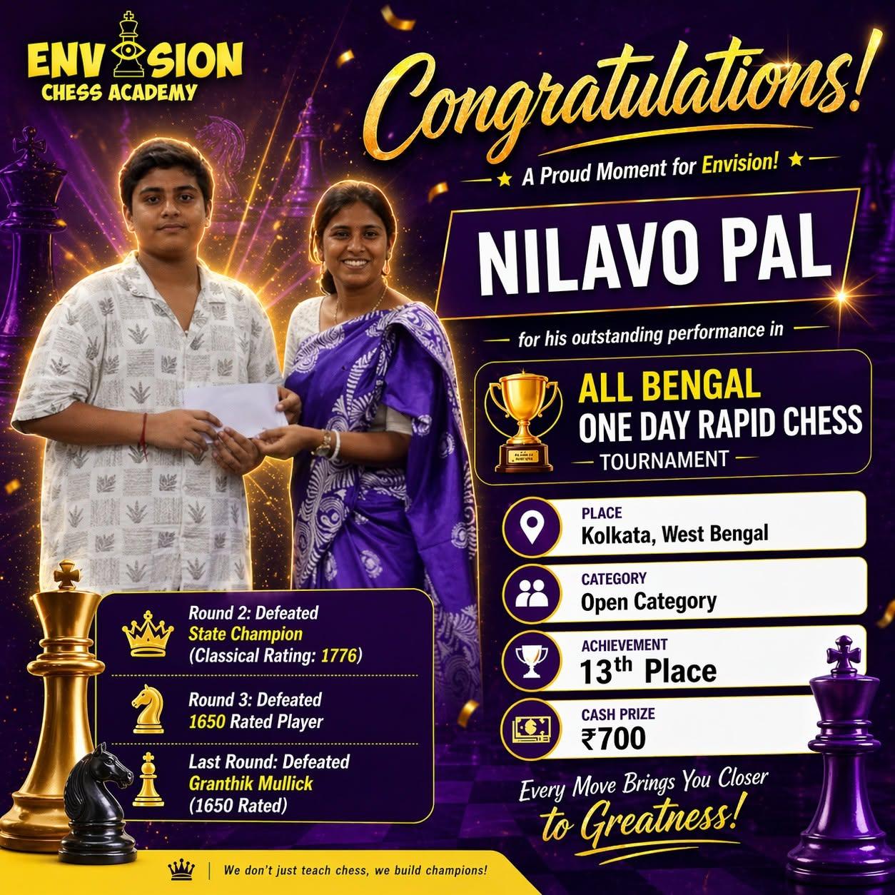 Nilavo Pal, Envision Chess Academy student, 13th Place in Open Category; cash prize Rs 700 at All Bengal One Day Rapid Chess Tournament in Kolkata, West Bengal