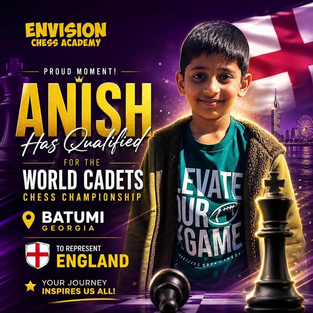 Anish Bijibilla, Envision Chess Academy student, after qualifying for the FIDE World Cadets Cup in Batumi