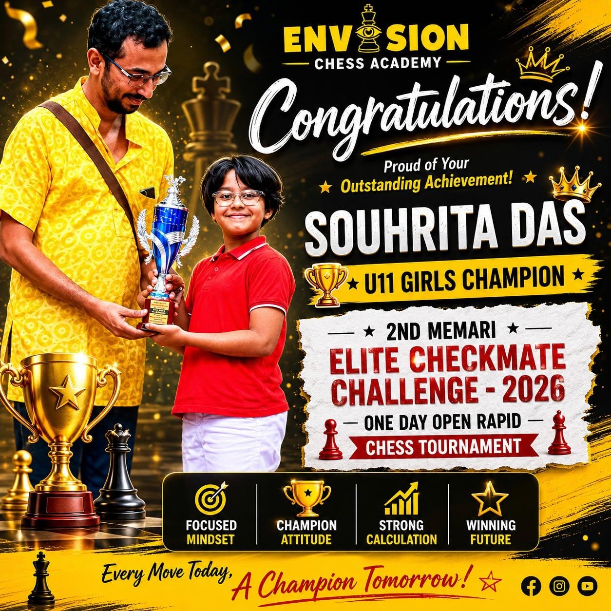 Souhrita Das, Envision Chess Academy student, U11 Girls Champion at 2nd Memari Elite Checkmate Challenge 2026 in Memari