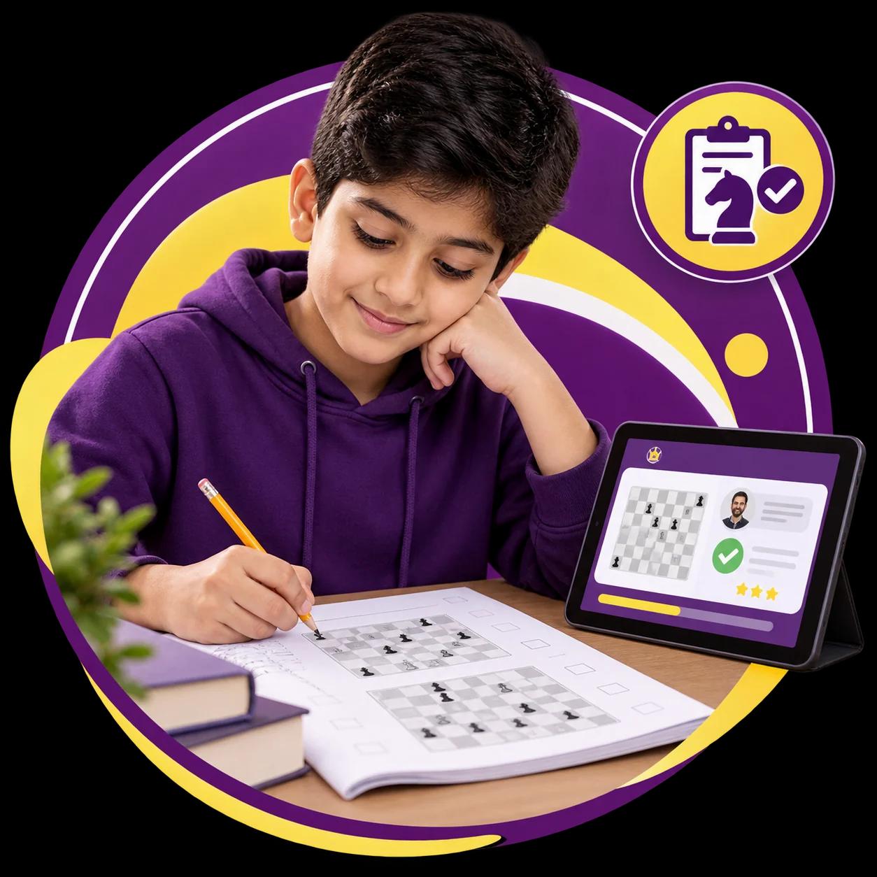 Chess student writing notation while finishing homework set in an online chess class